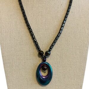 Hematite Beaded Necklace with Oval Pendant Multi Colored 18”